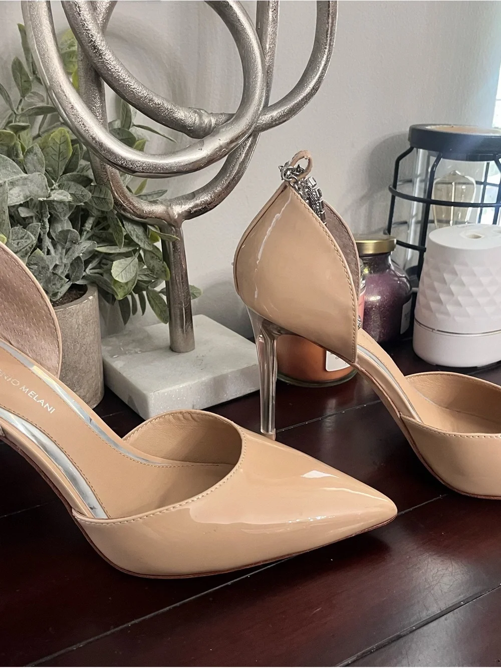 ANTONIO MELANI Nude Patent Pointed-Toe Stiletto with Crystal Anklet